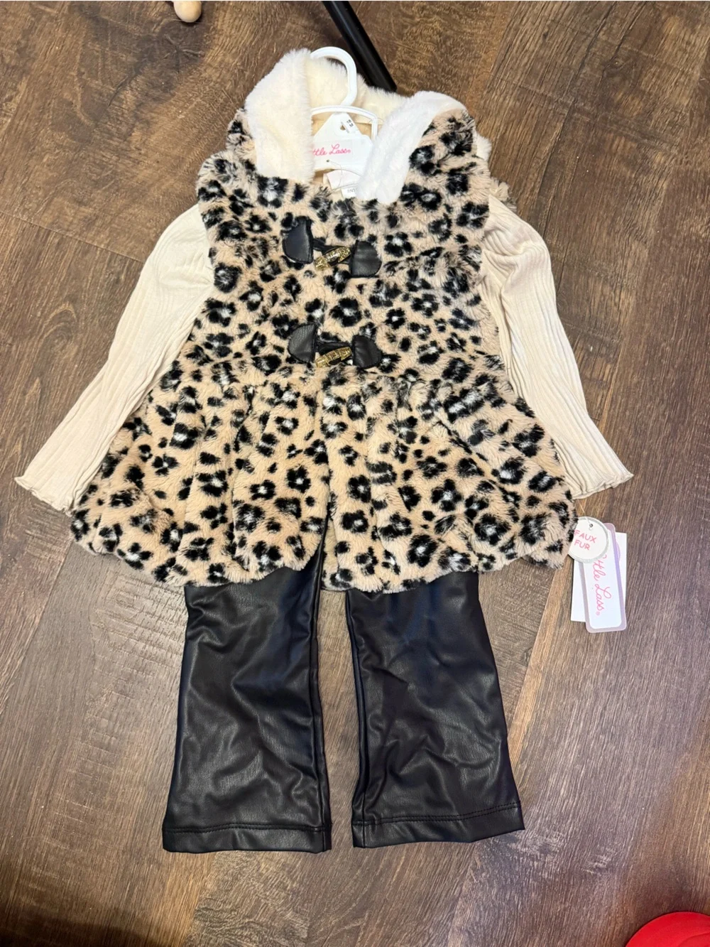 Little Lass Cream & Black Leopard Faux Fur Vest Outfit